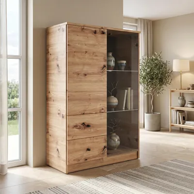 Produktbild von Masseno Kommode NATURIO 80 cm Sideboard mit 2 Schubladen und 1 Türen für Wohnzimmer Schlafzimmer Modern 80x40x120,5 cm Eiche Artisan