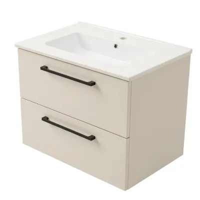 Produktbild von Waschbecken mit Unterschrank ONE mit Waschbecken 2 große Schubladen Kaschmir 80x50x46 hängend Badmöbel Badezimmer schwarze Griffe Badschrank