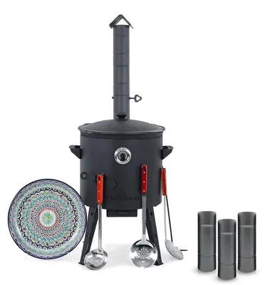 Produktbild von Posylka.de Feuerstelle Utschak Ø 40 cm Kazan 12 L flach Langrohr Lagan 37 cm Kellen 48 cm, (12-St)