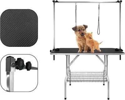 Produktbild von Trimmtisch für Hunde Schertisch Hundepflegetisch, Tierpflegetisch klappbar für Katzen Mit 2 Schlingen, 360° Drehbarer Haltegurt, Stabil Höhenverstellbar Schwarz 113 x 60 x 76 cm