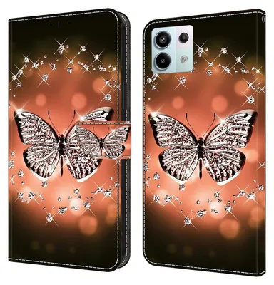 A flip-style phone case with a butterfly and diamond pattern.