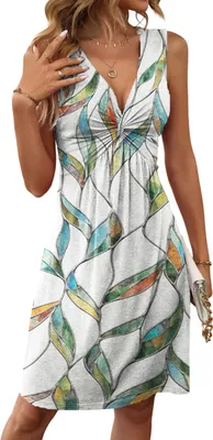 Produktbild von ASKSA Damen V-Ausschnitt Kleid Aermellos Einfarbig Strandkleider Casual Tunikakleid Sommerkleid (C Gruen,L)