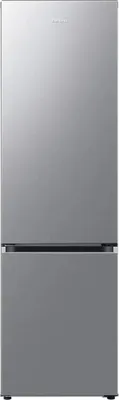 A front view of a silver Samsung refrigerator.
