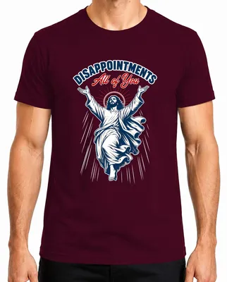 Imagen del producto de Camiseta "Decepciones. Todos ustedes." de Jesus Lustig, con el texto "Cristianismo", color burdeos, talla S