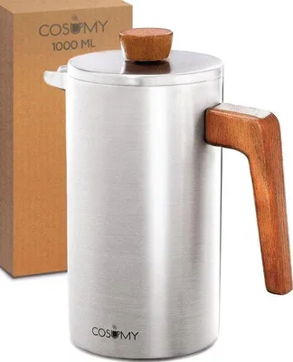 Zdjęcie produktu dla Cosumy French Press wykonany ze stali nierdzewnej i drewna - 1 litr - Dwuścienna izolacja termiczna - Duży ekspres do kawy z 2 wymiennymi filtrami