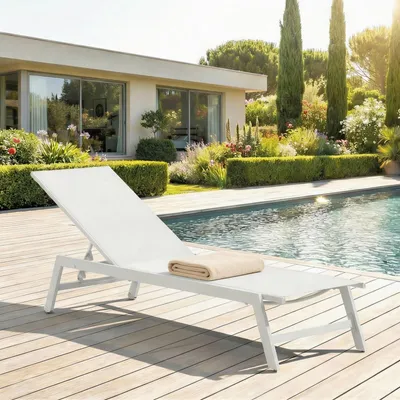 Produktbild von Gartenliege ESPIRITU höhenverstellbar, cremeweiß– Sonnenliege mit verstellbarem Kopfteil aus Aluminium und UV-beständigem Textilene, für Terrasse Balkon Garten Outdoor Relaxliege