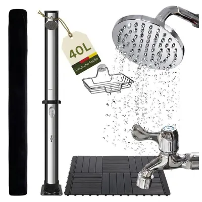 Produktbild von NovaTerra Solardusche 40L schwarz/silber mit Bodenelement aus WPC
