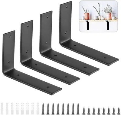 Productafbeelding van Unyqoos® 4-delige set L-vormige metalen hoeksteunen voor planken, met zwarte epoxycoating, 24,5 x 15 cm – Wandbevestigingen voor planken