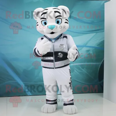 Produktbild von Weißer REDBROKOLY Tiger Maskottchen kostüm gekleidet mit Rollkragenpullover und Digitaluhren