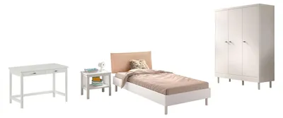 Produktbild von Einzelbett Set 90x200 Keeley Buche Weiß Massivholz Schrank Tisch