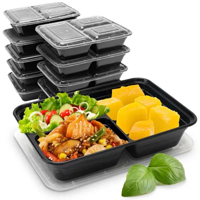 Produktbild von 10 Essensboxen mit Deckel & 3 Trennfächern, Meal Prep Boxen sind wiederverwendbar, BPA frei, mikrowellengeeignet, Bento-Boxen mit 1,2 l Kapazität