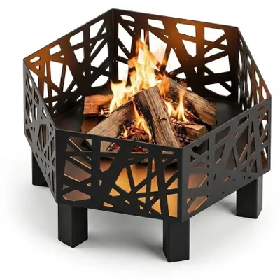 Produktbild von MetaloPro Hexa Cell Feuerschale sechseckig – Feuerstelle Garten 70 cm, 3 mm Stahl geschweißt, Lasercut Waben-Muster, schwarz pulverbeschichtet, EU-Herstellung