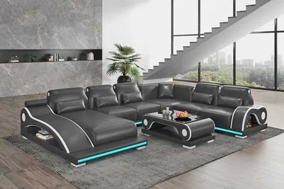 Produktbild von Wohnlandschaft XXL Sofa U Form Groß Ecksofa Ledersofa Schwarz Sofas Neu