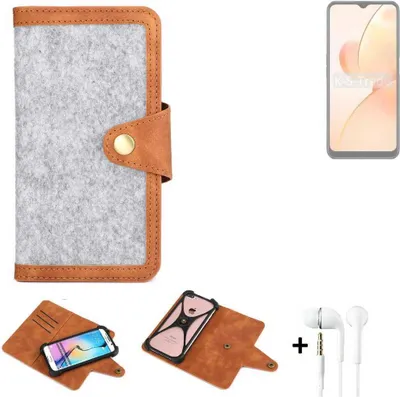 Produktbild von K-S-Trade Handyhülle + Kopfhörer kompatibel mit Realme C31 Schutzhülle Filz Hülle Kunstleder hellgrau braun (1x)