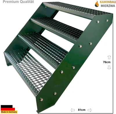 Produktbild von Gitterrost Stahl Wangentreppe 4 Stufen Verzinkt & Grün Pulverlackiert - (L x B x H) 82cm x 80cm x 76cm