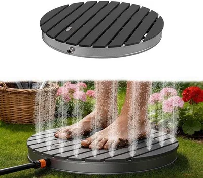 Imagen del producto de Bañera redonda, color antracita - Ø70 cm, aspecto de madera - Superficie antideslizante en el exterior. Ducha para camping con pedal. Circuito de agua de 4 metros. Ideal para jardín y piscina
