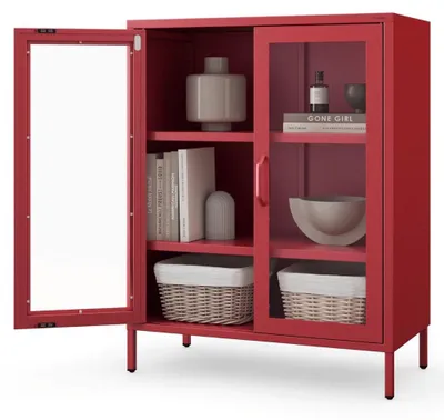 Produktbild von Vitrinenschrank Wohnzimmer klein GINA 3 Ebenen Metall | Glasvitrine Bücherschrank Büroschrank Aktenschrank mit Glasfenster Metallschrank 101,5x80x40cm Rot