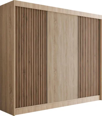 Produktbild von ALTDECOR Kleiderschrank mit Lamel-Schiebetüren, kugelgelagerte Führungsschienen und Aluminium-Leisten - VILANv2 - 250 cm Sonoma Eiche + Sonoma Eiche + Lamelle Eiche Wotan