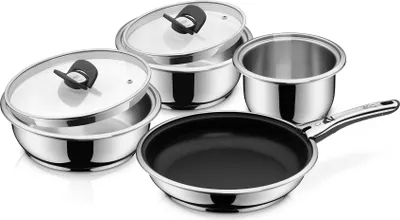 Produktbild von WMF Click&Serve Topfset Induktion 7-teilig, abnehmbarer Griff, Kochtopf Set mit Glasdeckel, Bratpfanne, Cromargan Edelstahl