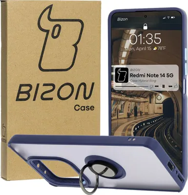 Produktbild von Bizon Case Hybrid Ring Fingerringhülle für Xiaomi Redmi Note 14 5G, Rauch mit marineblauem Rahmen