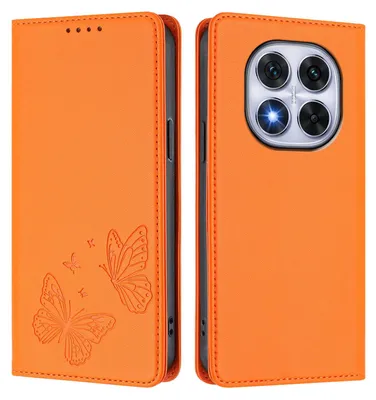 Obrázek produktu pro Kožené pouzdro pro Xiaomi Poco X7/Redmi Note 14 Pro 5G/14 Pro+ 5G, motýlí ražbou, peněženkové flip pouzdro se stojánkem Oranžová