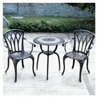 Produktbild von 3-teiliges Gartenmöbel Set, Bistro-Set aus Aluminiumguss, Tisch mit Ornamenten und 2 Stühlen (bronzefarben)