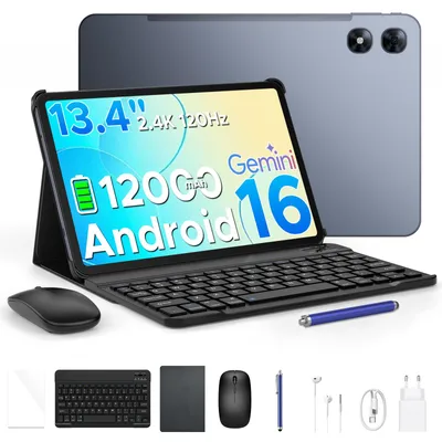 Productafbeelding van P13 Pro 4G LTE Tablet met dubbele SIM-kaart. Android 16, 13,4" scherm met 2.4K resolutie en 120Hz, 48GB (12+36) RAM + 256GB ROM (uitbreidbaar tot 2TB met TF-kaart), 12000mAh batterij, Widevine L1, Gemini AI – inclusief toetsenbord, muis en stylus