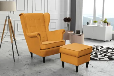Obrázek produktu pro Kaiser Möbel Elegantní souprava, dřevěný rám, sada křídlových židlí + podnožka, látka Velutti hořčicové barvy