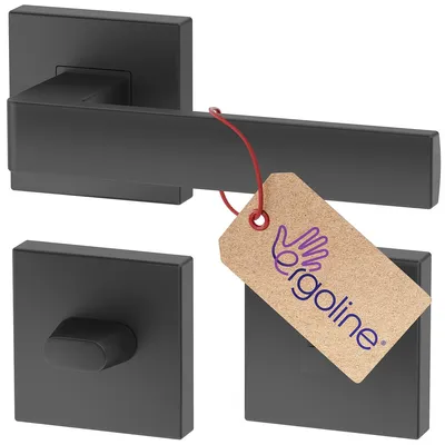 A set of black door handles and escutcheons on a white background, with a product tag attached to one of the handles.