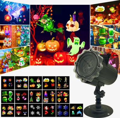 A collage of Halloween-themed images and a projector, showcasing various light patterns and decorations.