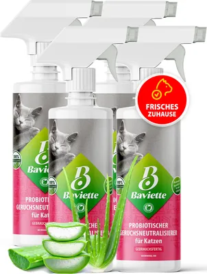 Produktbild von BAVIETTE Geruchsentferner Katze 4x500 ml Spray – Geruchsneutralisierer mit Mikroorganismen für Katzenklo, Teppich, Möbel & Auto