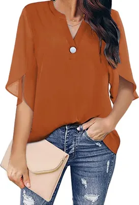 Image de ASKSA Chemisier Femme Mousseline Elégant Boutons Col V Chemises Casual Unicolore Hauts, Orange, XXL