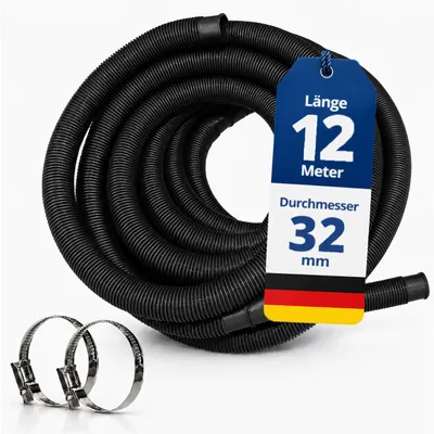 Produktbild von HAF Hochwertiger Pool Schwimmbadschlauch 32mm Schwarz 12 Meter | Poolschlauch für Garten & Schwimmbad | Solarschlauch + 2x Edelstahl Schlauchschellen
