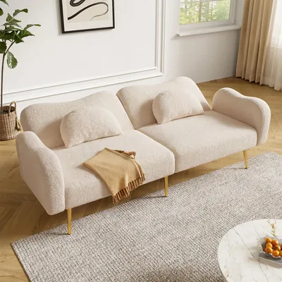Image de Canapé deux places Merax avec fonction couchage, canapé-lit à dossier réglable, motif « nuages », pieds en métal, rangement intégré, beige
