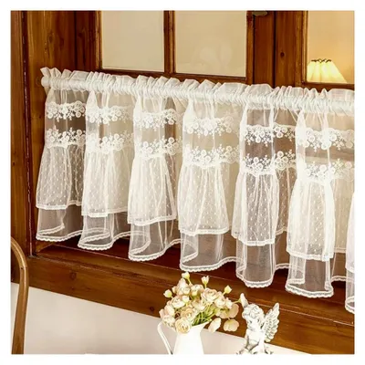 Produktbild von Kurze Scheibengardine mit Spitze Halbtransparente Gardine mit Blumenstickerei für die Küche HxB 40x100cm Weiß 1 Stück
