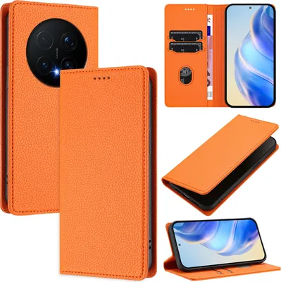 Produktbild von Litchi Leder Handyhülle für Honor Magic8 Pro Wallet Kartenfächer Standfunktion Hülle Orange
