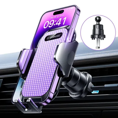 Image de Support de téléphone pour voiture, fixation sur la grille d'aération, couleur violet, rotation à 360°, crochet en métal, compatible avec iPhone, Samsung et autres smartphones
