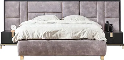 Produktbild von Casa Padrino Luxus Massivholz Schlafzimmer Set Lila / Schwarz / Gold - 1 Doppelbett mit Kopfteil & 2 Nachttische - Luxus Schlafzimmer Möbel