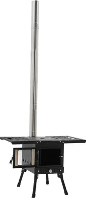 Obrázek produktu pro Skládací kempingový a stanový vařič – vařič na dřevo/uhlí – výškově nastavitelný 36–56 cm – komín – rozměry ve složeném stavu 31,5 × 22 × 21 cm – šířka 55 cm – uhlíková ocel a nerezová ocel – černá