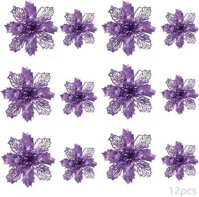 Produktbild von 24 Weihnachtsblumen, Weihnachtsdekoration mit Glitzer-Weihnachtssternen, Glitzer-Weihnachtsbaum, künstliche Weihnachtsblumen, Glitzer-Weihnachten