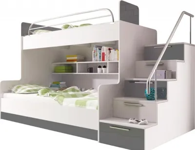 Produktbild von Graues Doppelstockbett  Etagen Bett Kinderzimmer Betten Hochbett Hochglanz Möbel