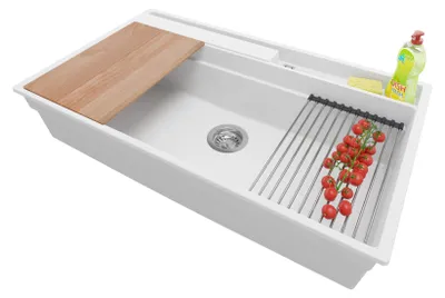 Produktbild von PRIMAGRAN Spülbecken Weiß 88x53cm, Granitspüle 1 Becken + Ablauf-Set + Küchenzubehörset, Küchenspüle ab 90er Unterschrank - Oslo Pocket