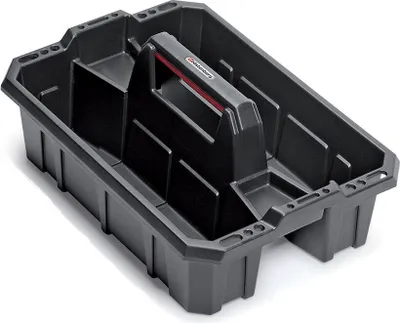 A black plastic toolbox with a red and gray handle, shown from a slightly elevated angle against a white background.