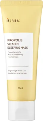 A product shot of a tube of IUNIK Propolis Vitamin Sleeping Mask.