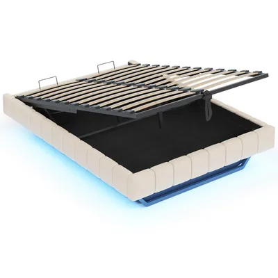 Produktbild von Merax Polsterbett Schwebebett 160x200cm mit LED, Doppelbett mit hydraulischem Stauraum, stabilem Metallrahmen, ohne Kopfteil, Leinenstoff Beige