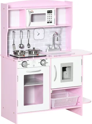 Produktbild von HOMCOM Spielzeugküche aus Holz für Kinder ab 3 Jahren, Spielzeugküche mit Lichtgeräuschen, Waschbecken, Wasserhahn mit Wasserkochplatte, Wasserspender und Backofen, 70 x 29 x 90 cm, Rosa