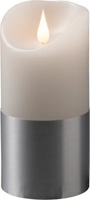 Produktbild von LED Echtwachskerze, weiß, mit silberfarbener Banderole, 3D Flamme, 4h und 8h Timer, warm weiße Diode, batteriebetrieben, Innen-1821-300