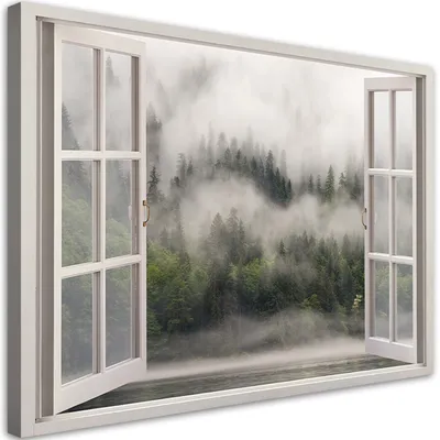 Produktbild von Leinwandbild Fenster Wald im Nebel Seenlandschaft 120x80 Feeby Grün bild für die wand bereit zum aufhängen