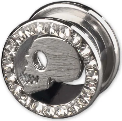 Produktbild von viva-adorno 1 Stück 14mm Flesh Tunnel Plug mit Schraubverschluss Edelstahl mit Totenkopf Zirkonia in verschiedenen Farben Größe 6 - 14mm Z114, silber