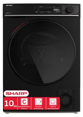 Produktbild von SHARP KD-WNHB0S9GMC-DE Wärmepumpentrockner 10 kg, Energieeffizienzklasse C, WiFi, BubbleDrum, LED-Trommelbeleuchtung, 15 Trockenprogramme, Frontlader, Schwarz